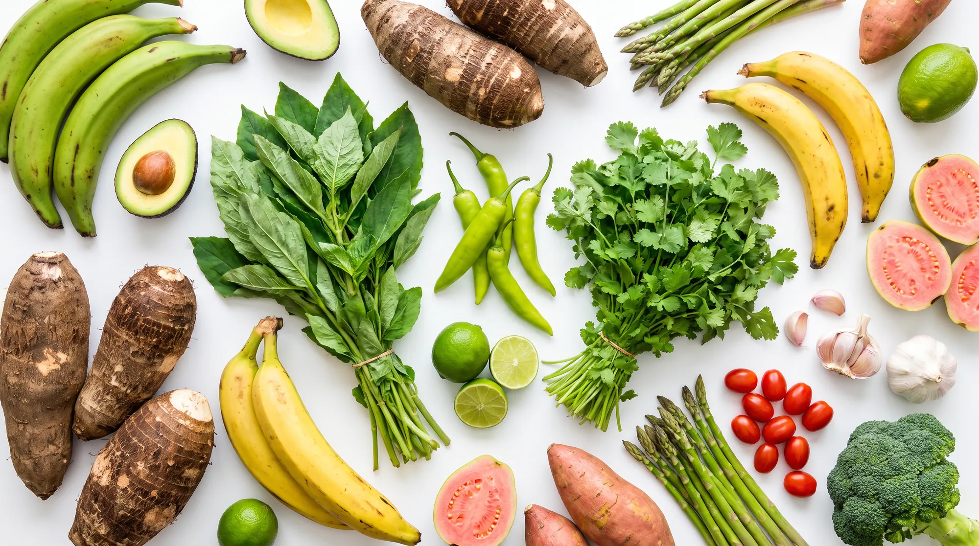 Plátanos, yautía, aguacate, recao, ajíes, guayaba y batata frescos